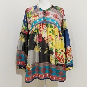 Johnny Was Floral Silk Tunic Top Blouse Boho Long Sleeves Size XL